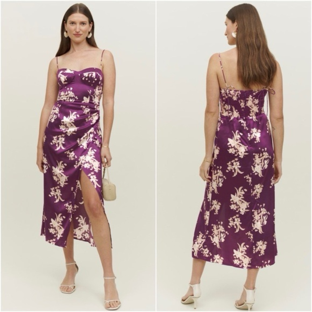 Reformation Purple Floral Midi Dress with Cream Print